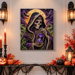 Finished skeleton with hourglass pearl diamond painting artwork displayed as holiday home decor