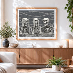 Finished skeletons behind barbed wire paint by numbers artwork displayed as home decor