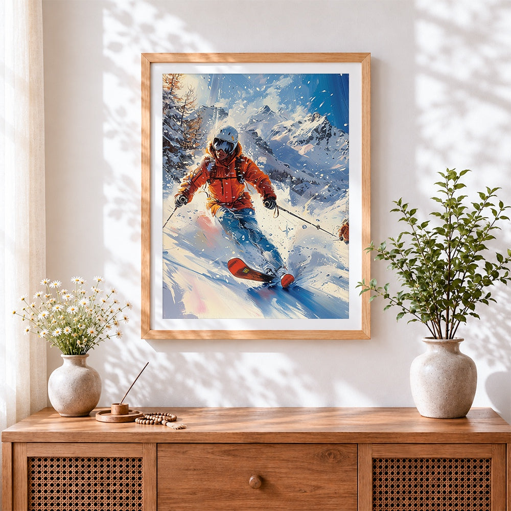 Finished skier in orange jacket cross stitch artwork displayed
