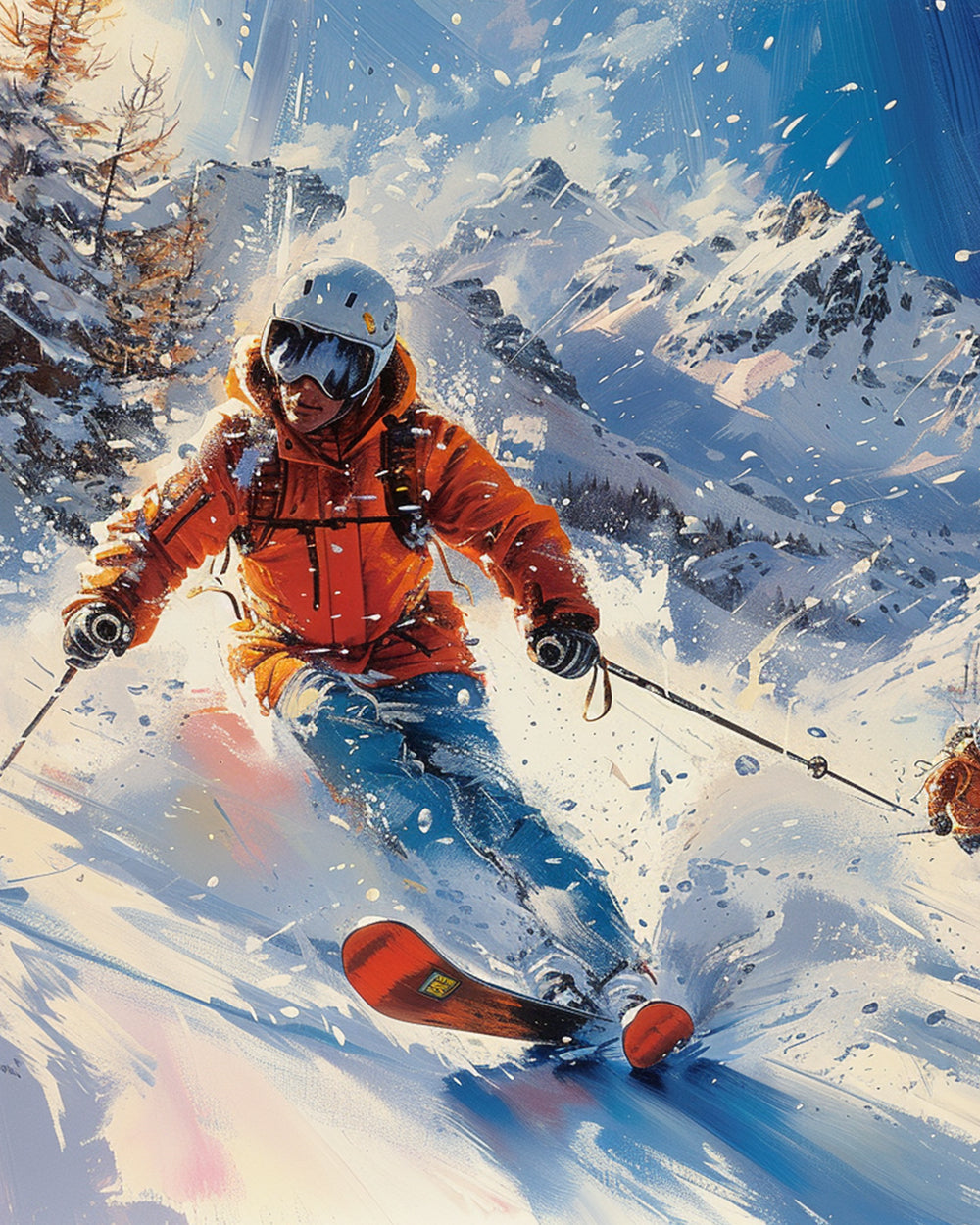 Skier in orange jacket cross stitch kit for beginners