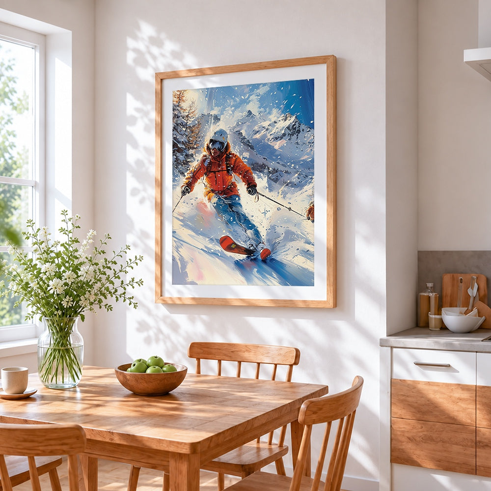 Skier in orange jacket cross stitch artwork displayed on wall as home decor