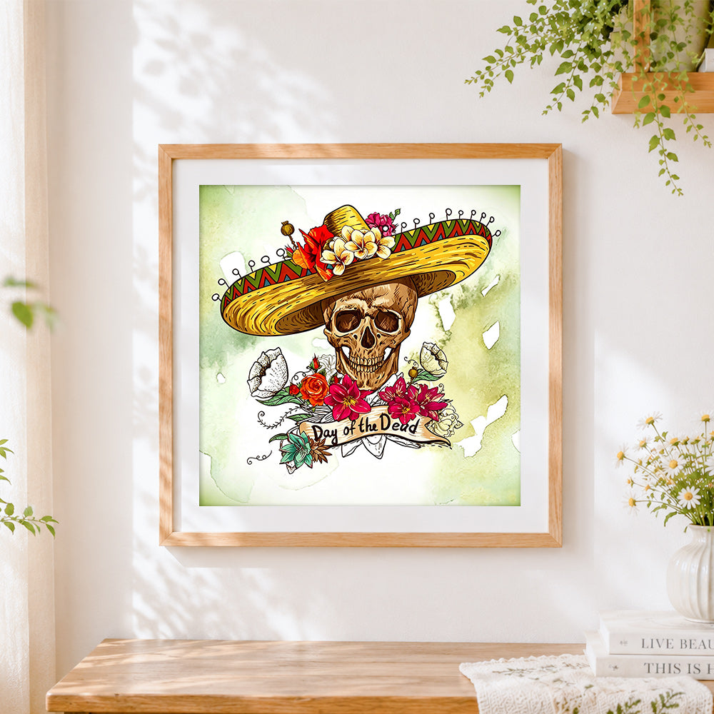Finished skull in sombrero cross stitch artwork displayed