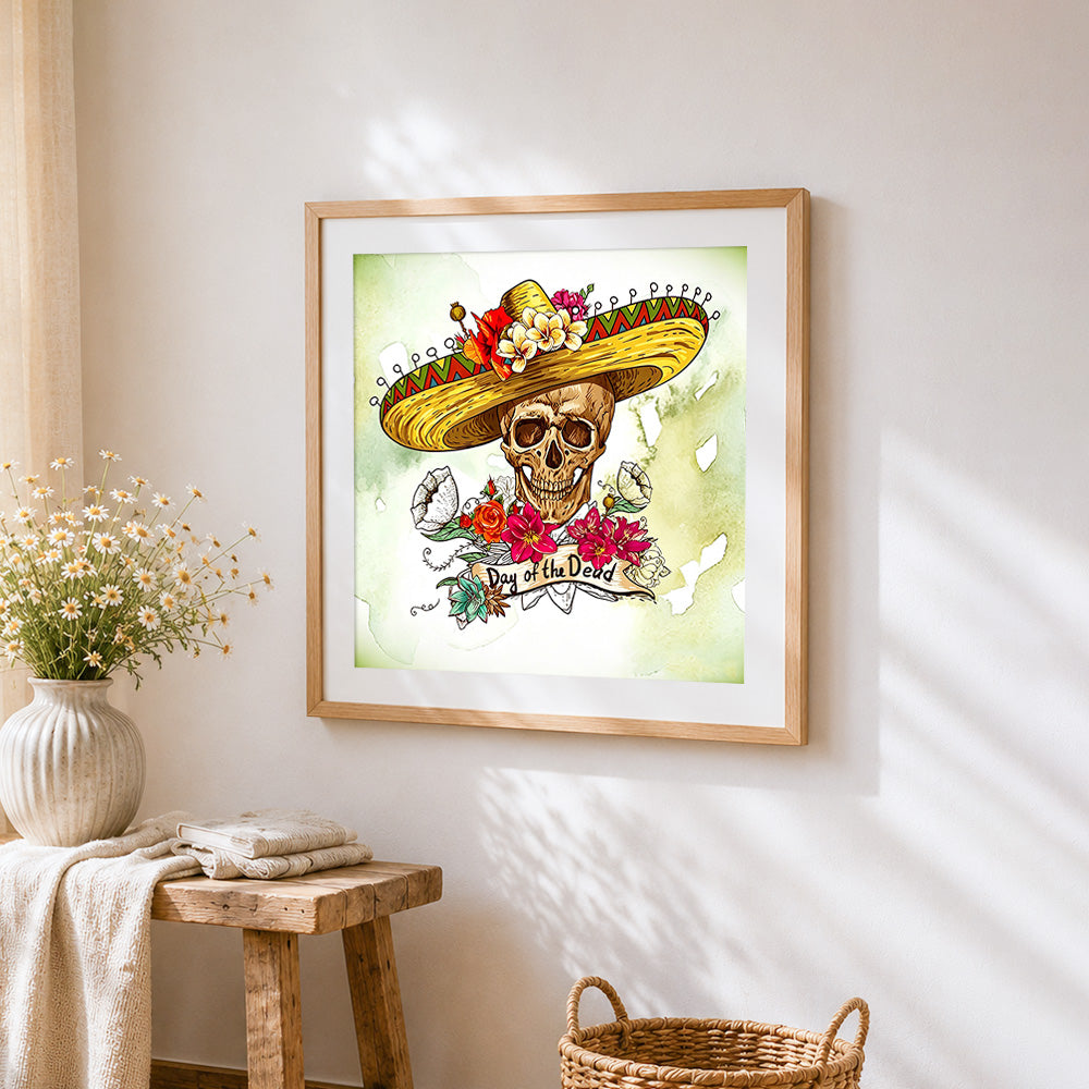 Skull in sombrero cross stitch artwork displayed on wall as home decor