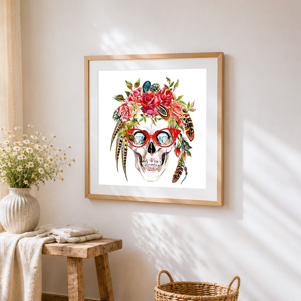 Skull with diamond eyes cross stitch artwork displayed on wall as home decor