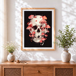 Finished skull with red mushrooms cross stitch artwork displayed