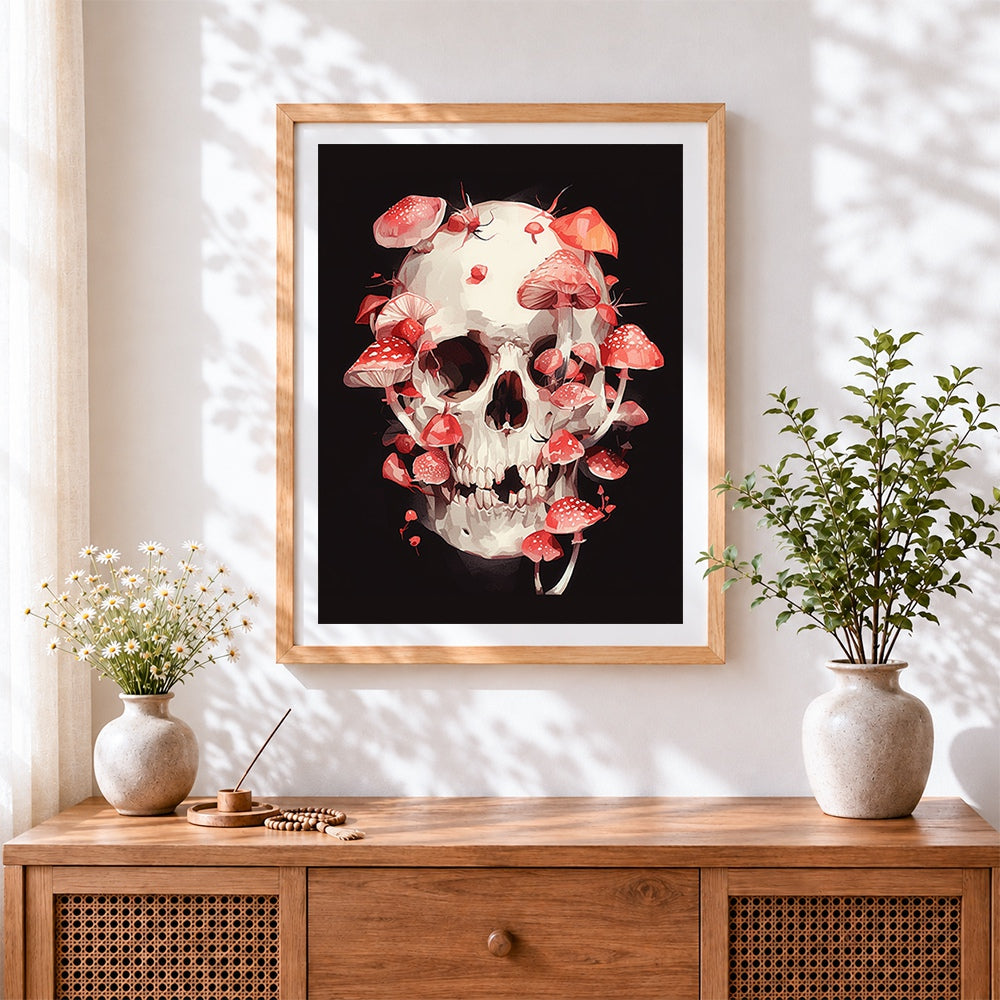 Finished skull with red mushrooms cross stitch artwork displayed