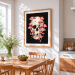 Skull with red mushrooms cross stitch artwork displayed on wall as home decor