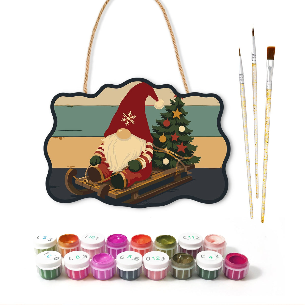 Sledding gnome joy paint by numbers door hanger with paints and brushes