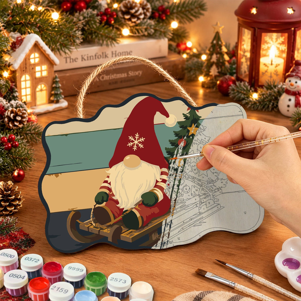 Sledding gnome joy paint by numbers door hanger painting process