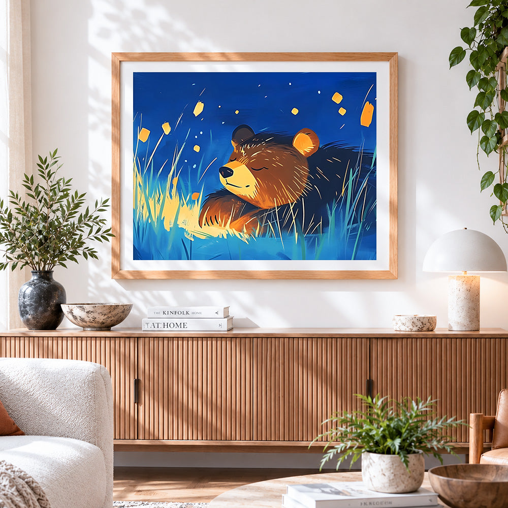 Finished sleeping bear in the grass paint by numbers artwork displayed as home decor