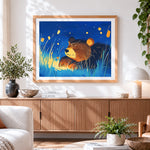 Finished sleeping bear in the grass paint by numbers artwork displayed as home decor