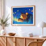 Sleeping bear in the grass paint by numbers artwork displayed on wall as home decor