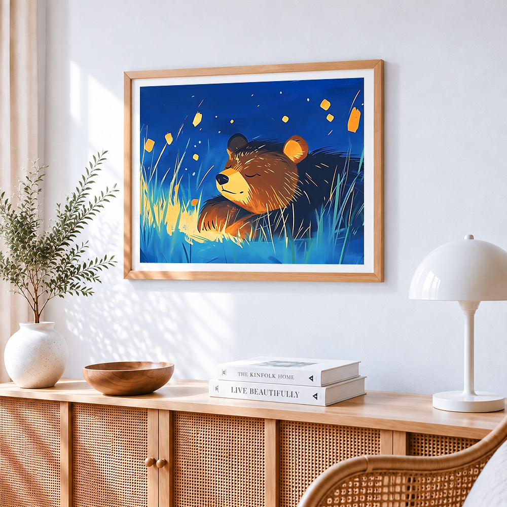 Sleeping bear in the grass paint by numbers artwork displayed on wall as home decor