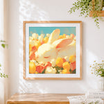 Finished sleeping bunny in a tulip field cross stitch artwork displayed