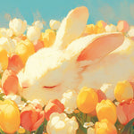 Sleeping bunny in a tulip field cross stitch kit for beginners