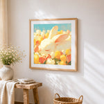 Sleeping bunny in a tulip field cross stitch artwork displayed on wall as home decor