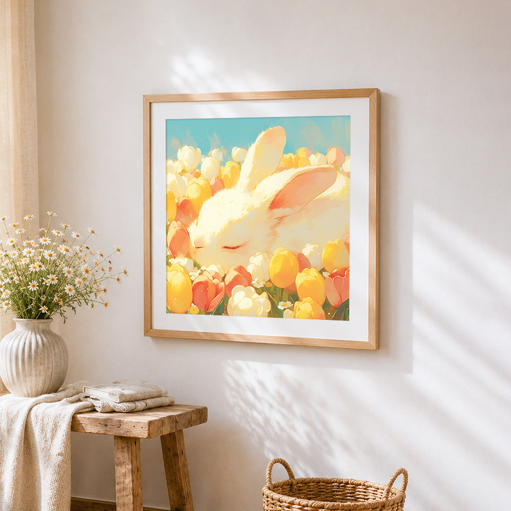 Sleeping bunny in a tulip field cross stitch artwork displayed on wall as home decor