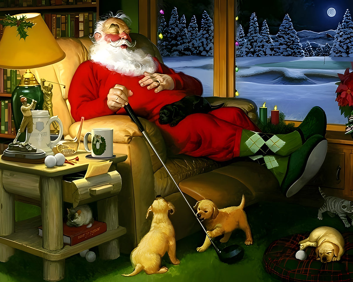 Sleeping father christmas with golf club cross stitch kit for beginners