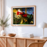 Sleeping father christmas with golf club cross stitch artwork displayed on wall as home decor