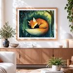 Finished sleeping fox in the grass paint by numbers artwork displayed as home decor
