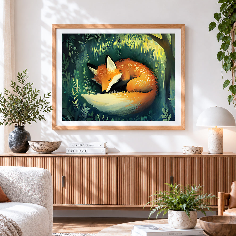 Finished sleeping fox in the grass paint by numbers artwork displayed as home decor