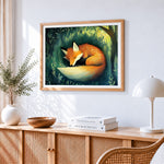 Sleeping fox in the grass paint by numbers artwork displayed on wall as home decor