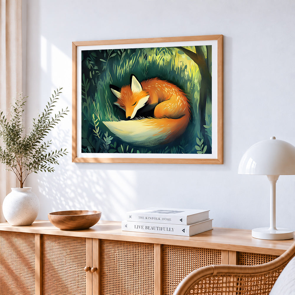Sleeping fox in the grass paint by numbers artwork displayed on wall as home decor