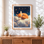 Finished Sleeping fox on clouds cross stitch artwork displayed