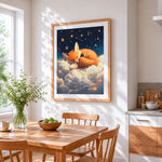 Sleeping fox on clouds cross stitch artwork displayed on wall as home decor