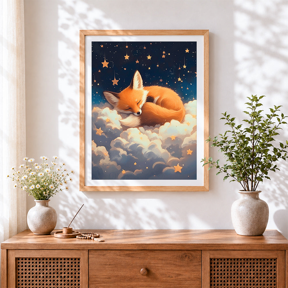 Finished sleeping fox on clouds paint by numbers artwork displayed as home decor
