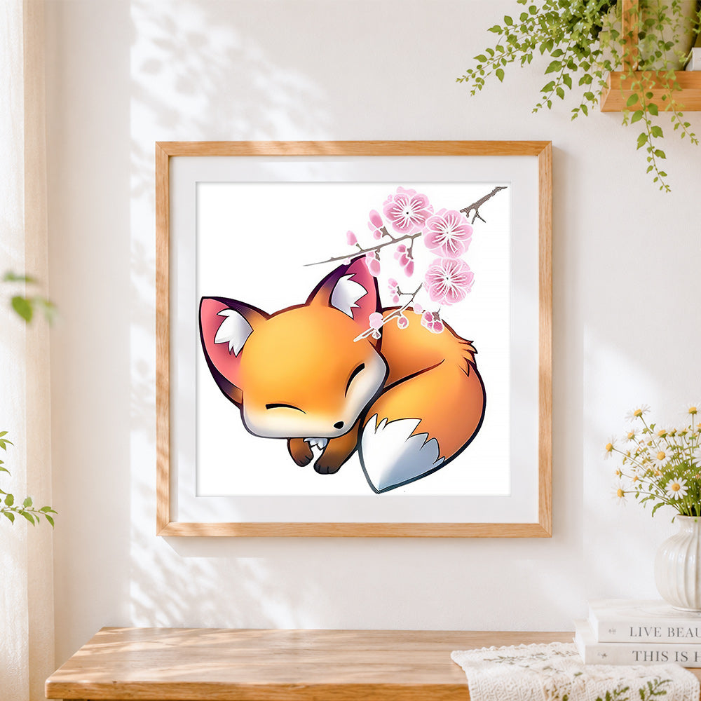 Finished sleeping fox with cherry blossoms cross stitch artwork displayed