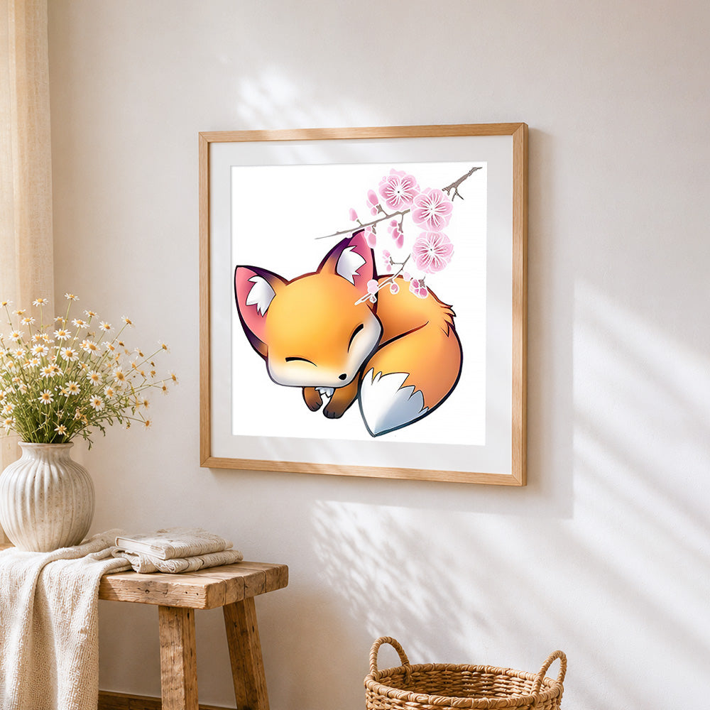 Sleeping fox with cherry blossoms cross stitch artwork displayed on wall as home decor