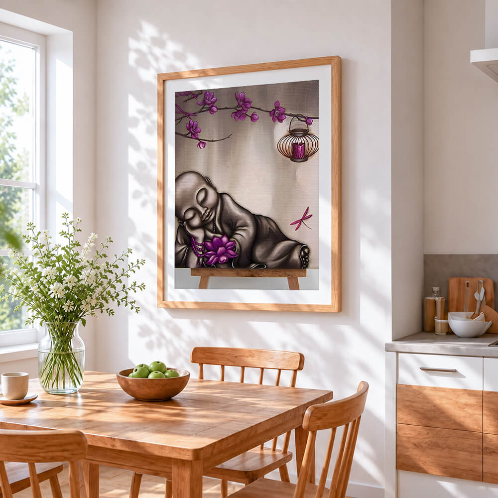 Sleeping monk with purple lotus cross stitch artwork displayed on wall as home decor