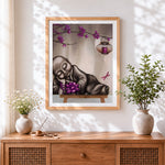 Finished sleeping monk with purple lotus paint by numbers artwork displayed as home decor