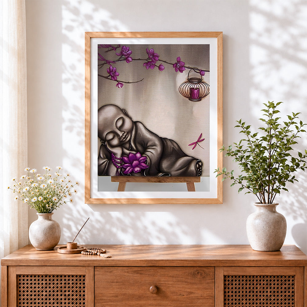 Finished sleeping monk with purple lotus paint by numbers artwork displayed as home decor