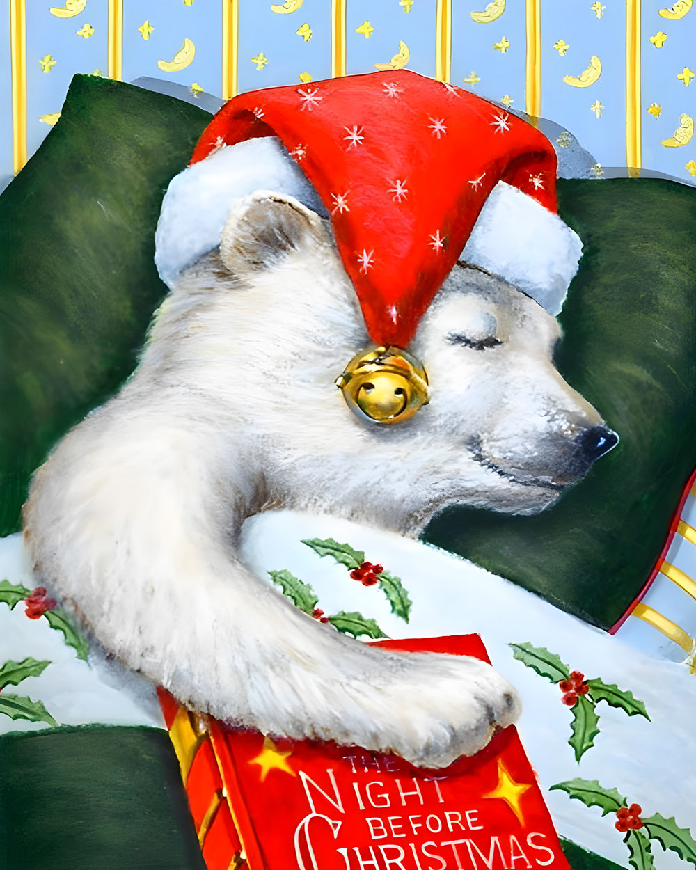 Sleeping polar bear in a santa hat cross stitch kit for beginners