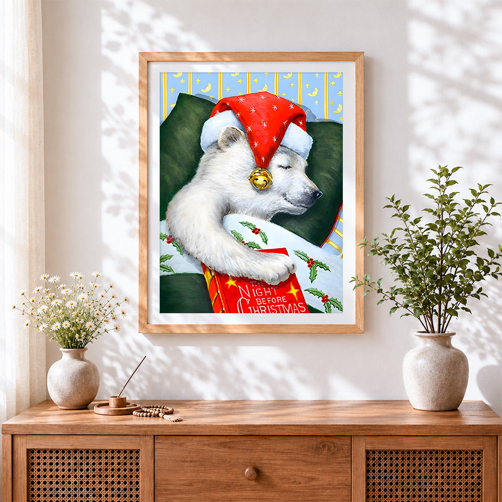 Finished sleeping polar bear in a santa hat paint by numbers artwork displayed as home decor