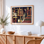 Sleeping tabby cat on bookshelf cross stitch artwork displayed on wall as home decor