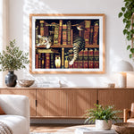 Finished sleeping tabby cat on bookshelf paint by numbers artwork displayed as home decor