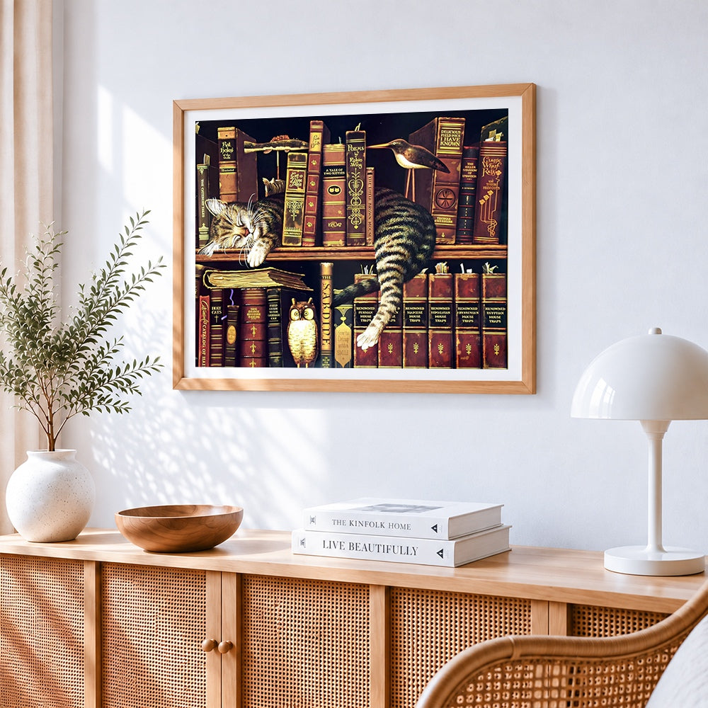 Sleeping tabby cat on bookshelf paint by numbers artwork displayed on wall as home decor