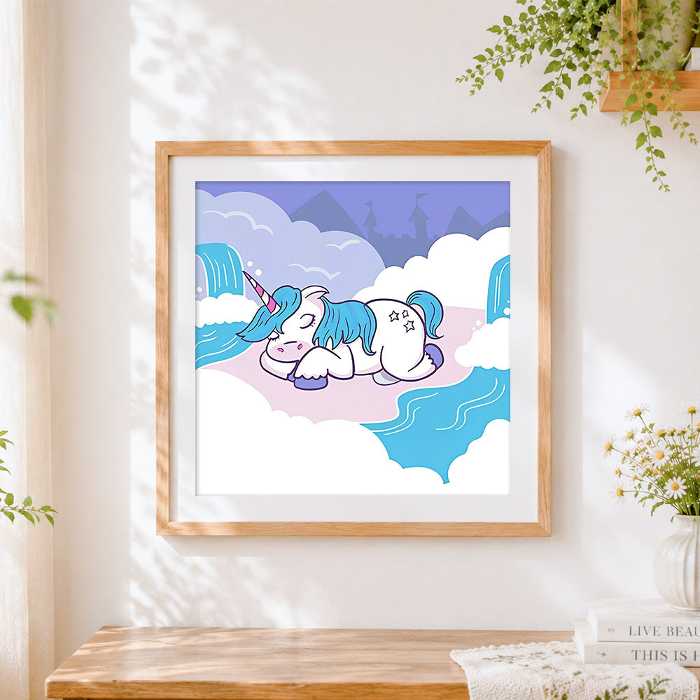 Finished sleeping unicorn in the clouds cross stitch artwork displayed