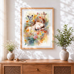 Finished sleeping woman in wildflowers cross stitch artwork displayed