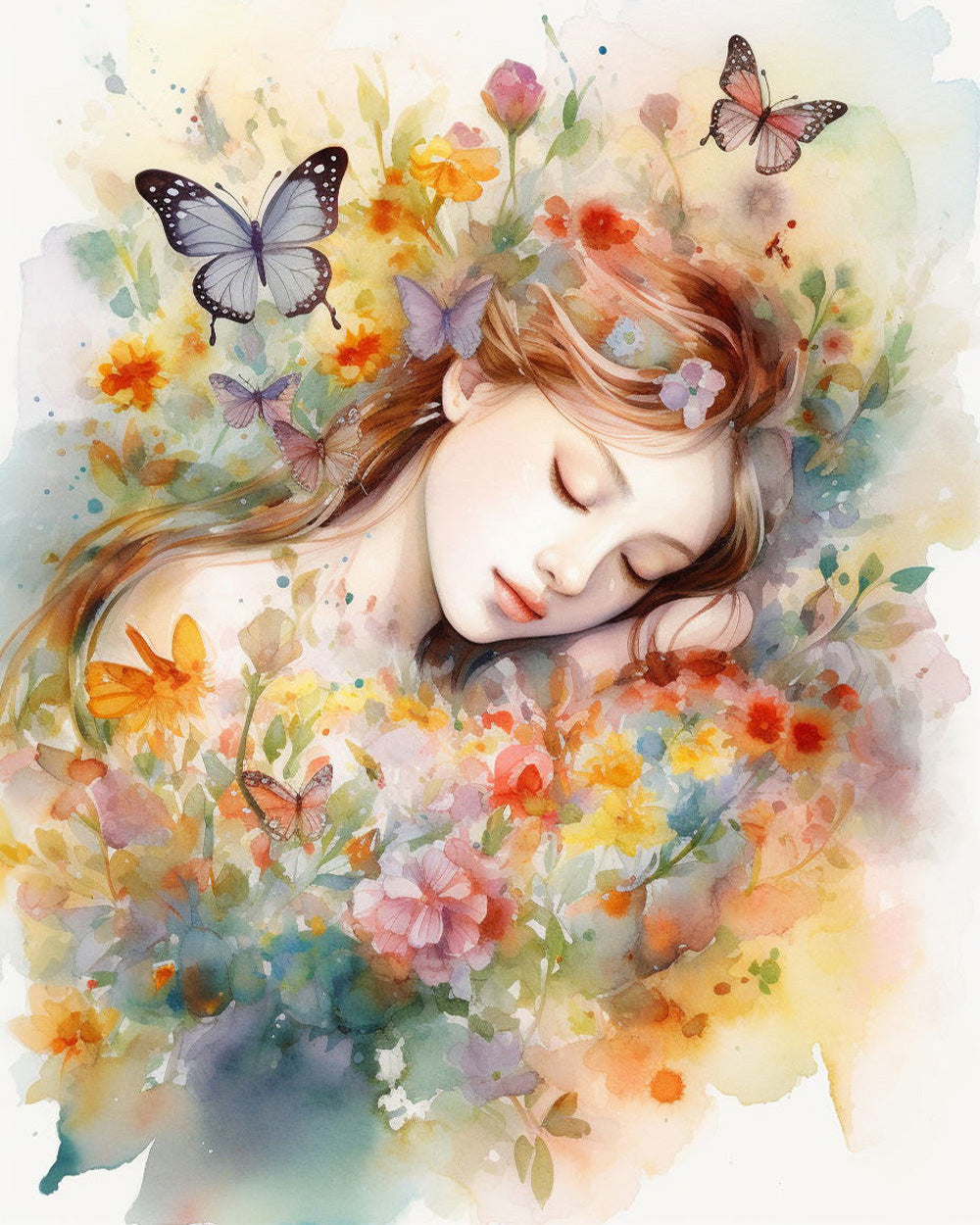 Sleeping woman in wildflowers cross stitch kit for beginners