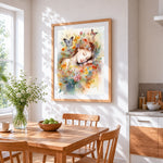 Sleeping woman in wildflowers cross stitch artwork displayed on wall as home decor