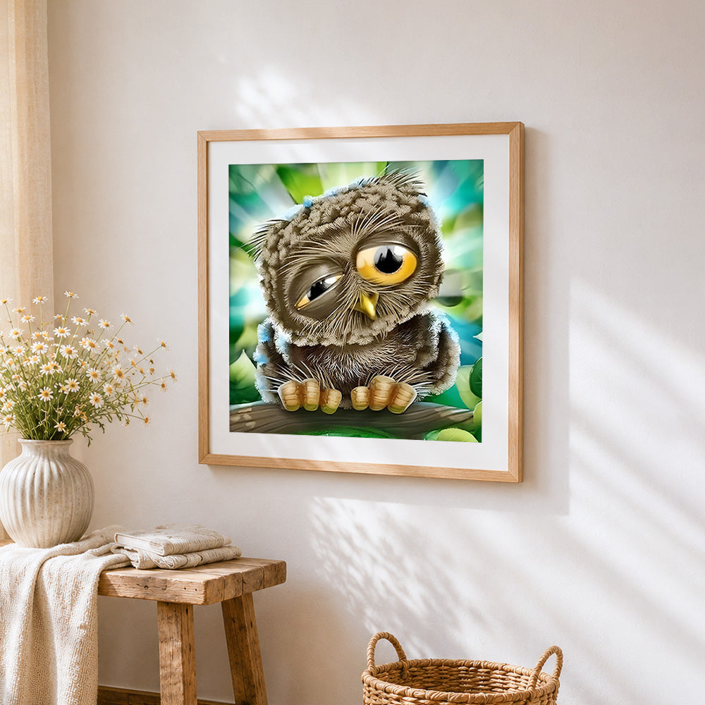 Sleepy owl close-up cross stitch artwork displayed on wall as home decor