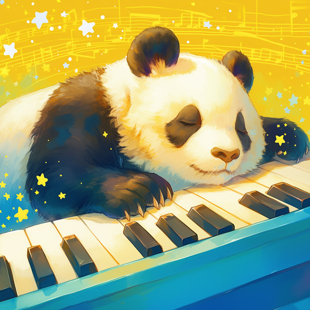Sleepy panda on a piano keyboard cross stitch kit for beginners