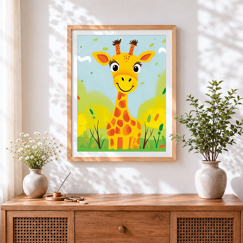 Finished smiling cartoon giraffe cross stitch artwork displayed