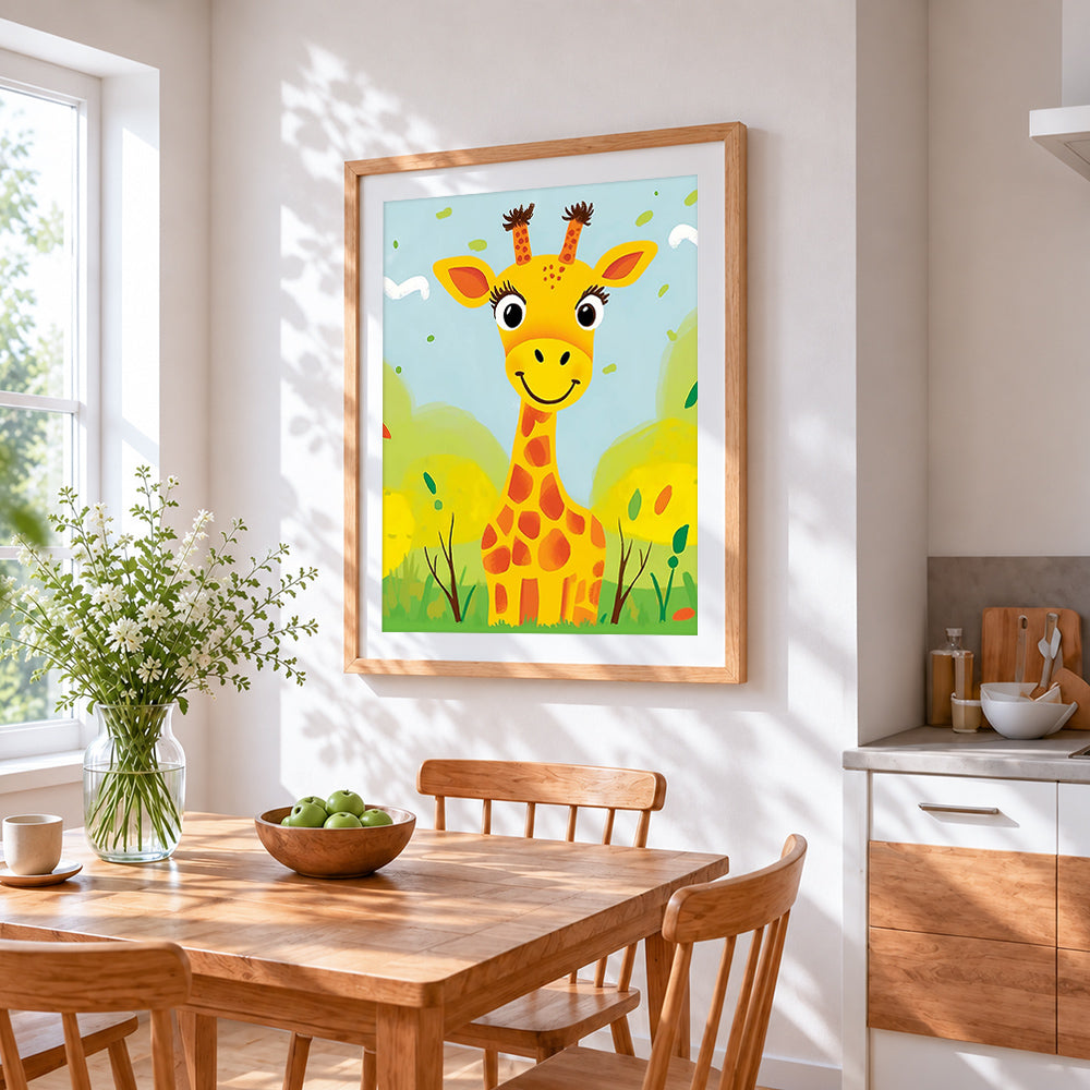 Smiling cartoon giraffe cross stitch artwork displayed on wall as home decor