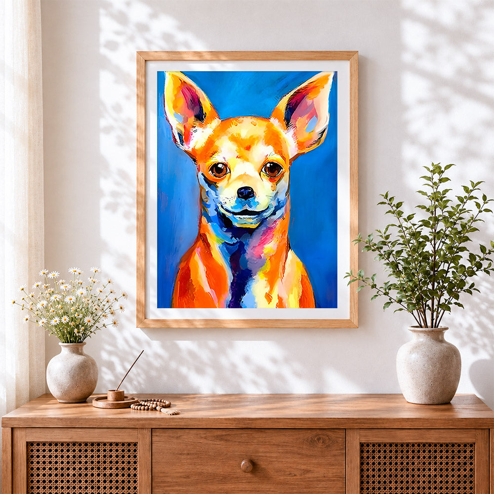 Finished smiling chihuahua cross stitch artwork displayed