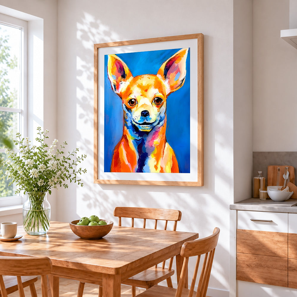Smiling chihuahua cross stitch artwork displayed on wall as home decor